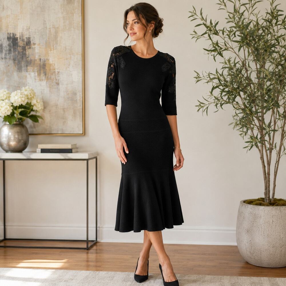 Raoul Black Merino Wool Blend Knit Midi Dress Lace Applique Medium 3/4 Sleeve